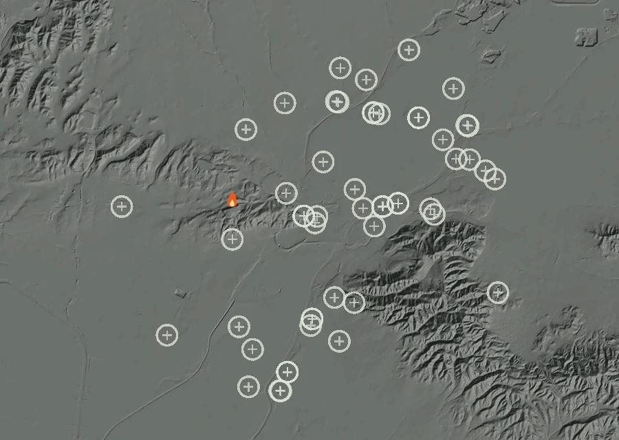 Map for Mon 31 Aug: flames mark every place that gave off heat that day.