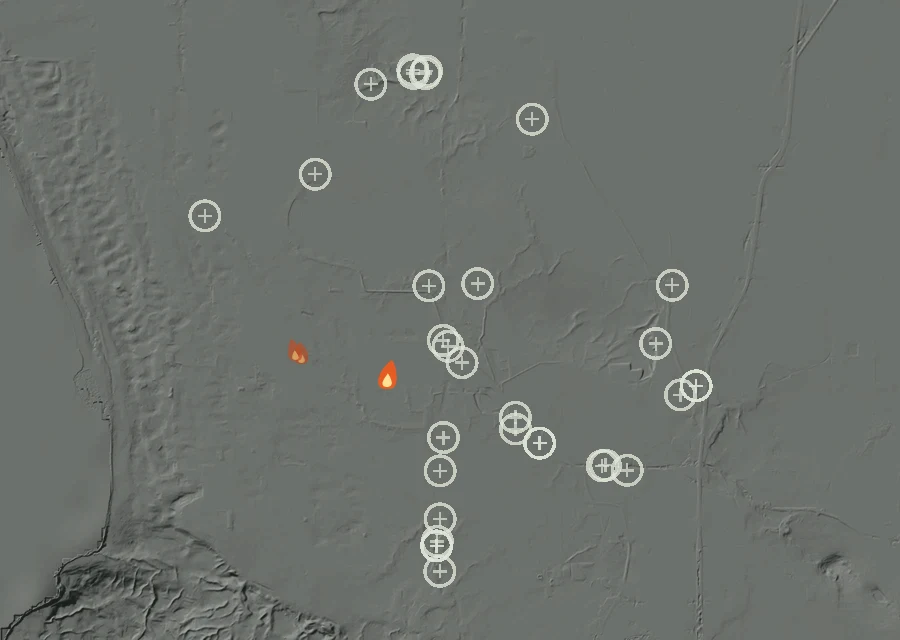 Map for Mon 28 Sep: flames mark every place that gave off heat that day.