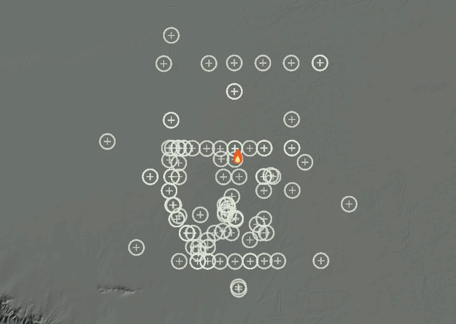 Shaded relief map of the Lac-313932 Fire. Amber flames mark every place that gave off heat in the last day; the shading is the shape of the ground.