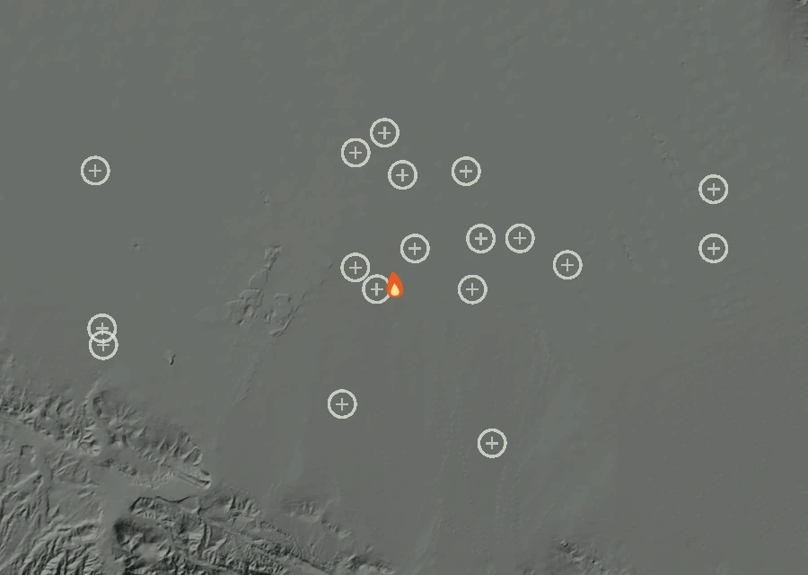 Shaded relief map of the Lac-314236 Fire. Amber flames mark every place that gave off heat in the last day; the shading is the shape of the ground.