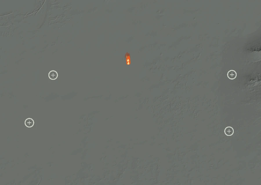 Shaded relief map of the Lac-315809 Fire. Amber flames mark every place that gave off heat in the last day; the shading is the shape of the ground.
