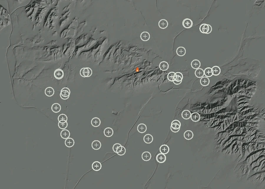 Map for Wed 7 Oct: flames mark every place that gave off heat that day.
