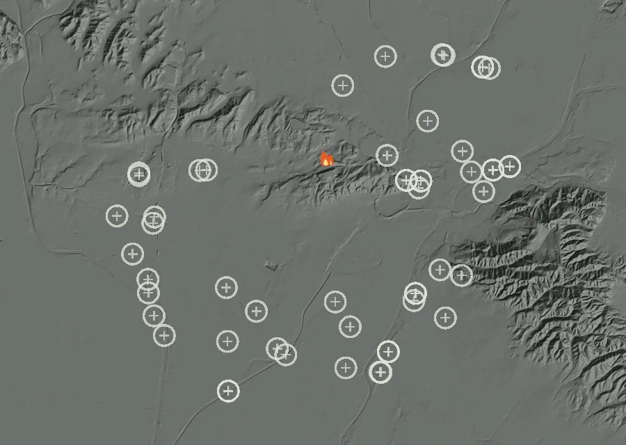 Map for Wed 14 Oct: flames mark every place that gave off heat that day.