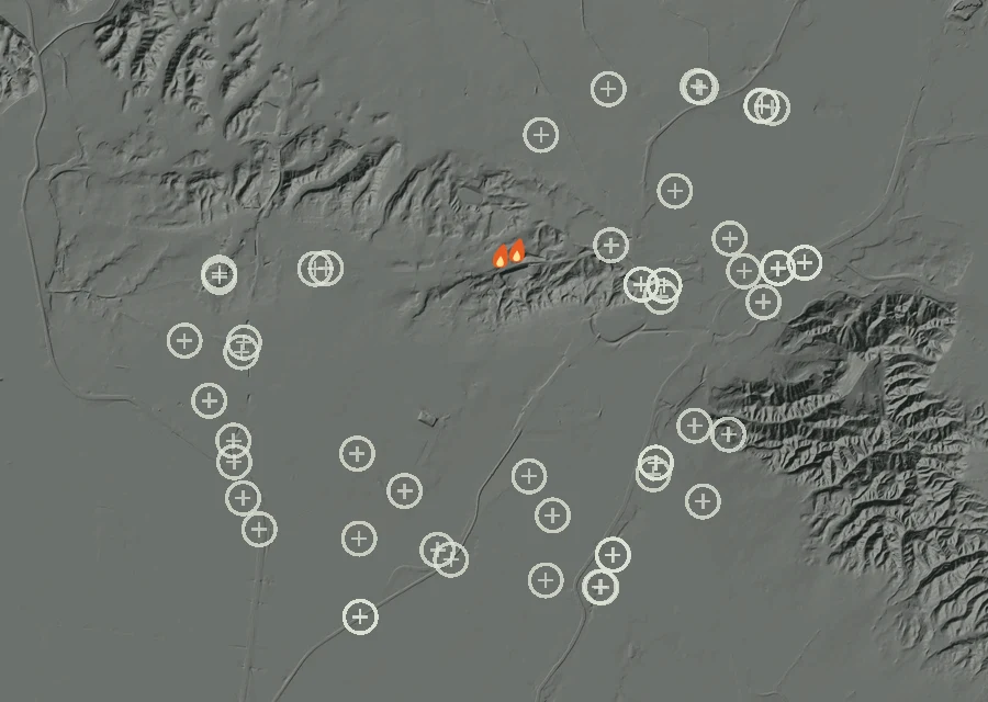 Map for Thu 15 Oct: flames mark every place that gave off heat that day.