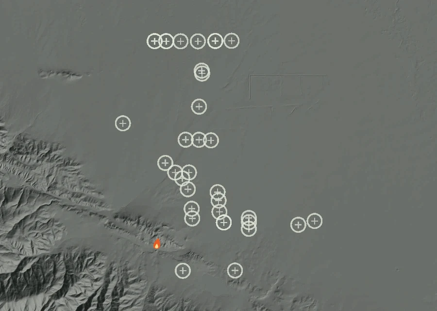 Map for Mon 28 Sep: flames mark every place that gave off heat that day.