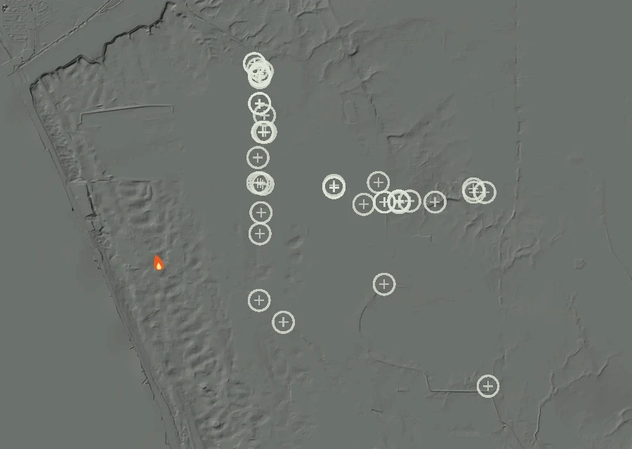 Map for Wed 14 Oct: flames mark every place that gave off heat that day.