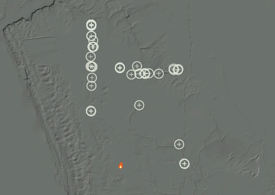 Shaded relief map of the Lac-352563 Fire. Amber flames mark every place that gave off heat in the last day; the shading is the shape of the ground.