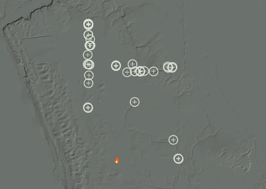 Map for Wed 14 Oct: flames mark every place that gave off heat that day.
