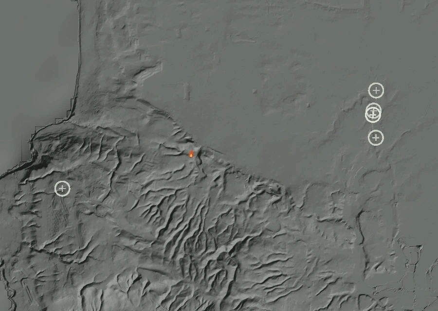Shaded relief map of the Lac-363888 Fire. Amber flames mark every place that gave off heat in the last day; the shading is the shape of the ground.