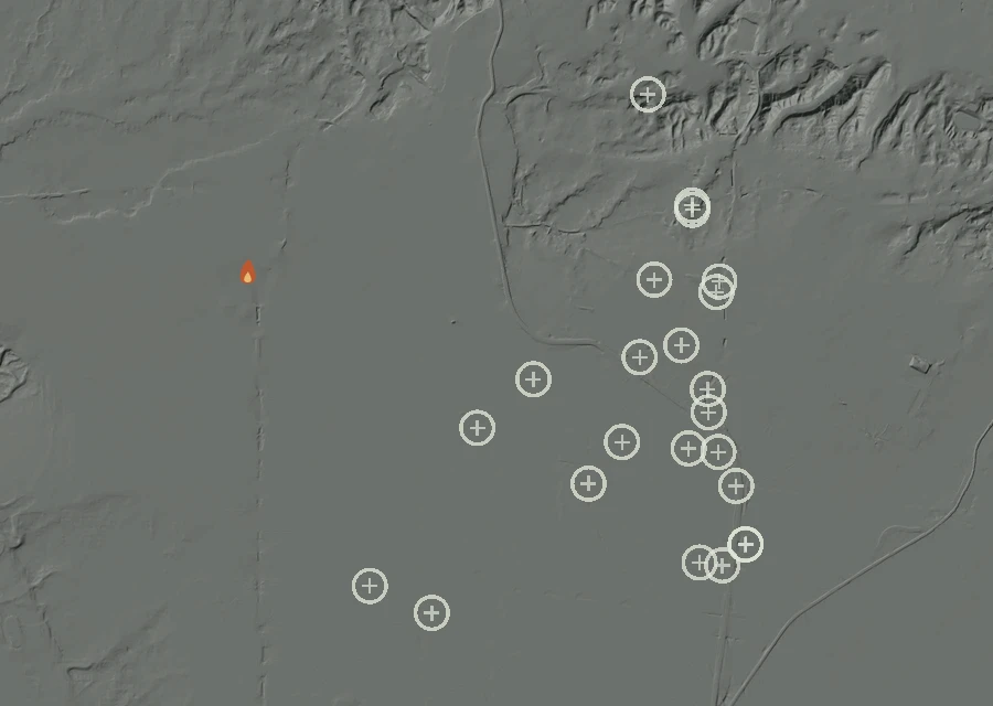 Shaded relief map of the Lac-372070 Fire. Amber flames mark every place that gave off heat in the last day; the shading is the shape of the ground.