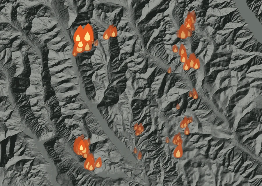 Map for Sat 22 Aug: flames mark every place that gave off heat that day.