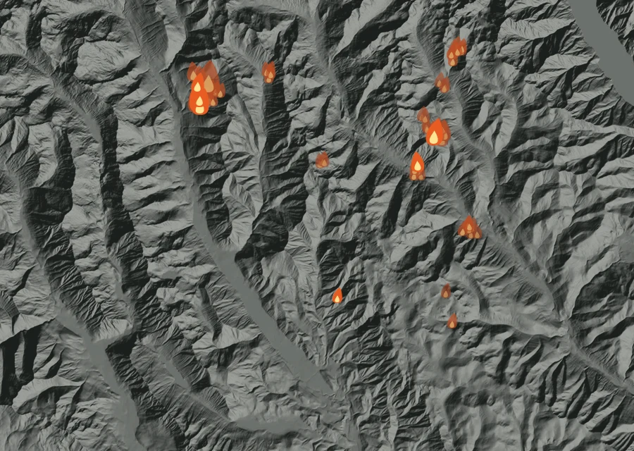Map for Sun 23 Aug: flames mark every place that gave off heat that day.
