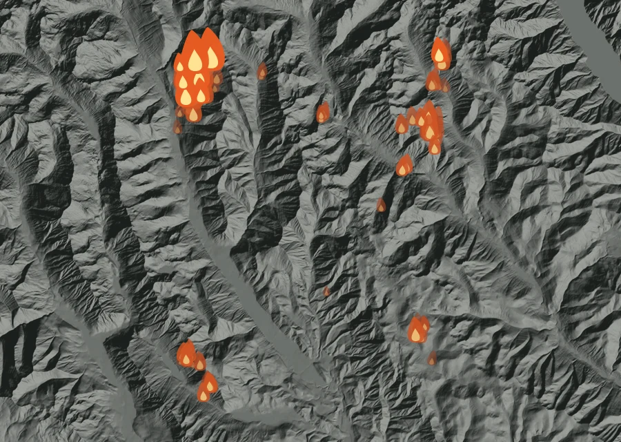 Map for Mon 24 Aug: flames mark every place that gave off heat that day.