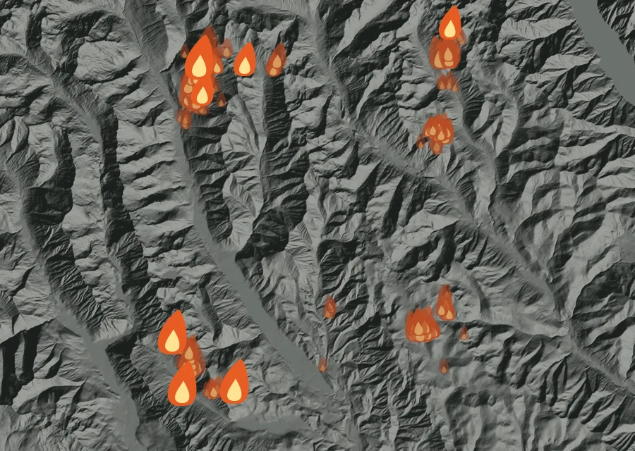 Map for Tue 25 Aug: flames mark every place that gave off heat that day.