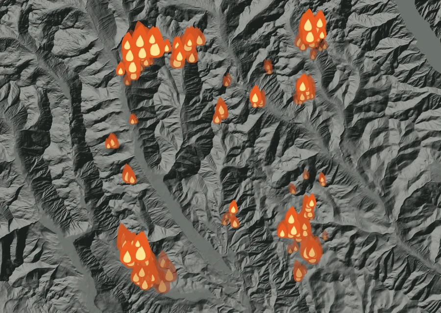 Map for Wed 26 Aug: flames mark every place that gave off heat that day.