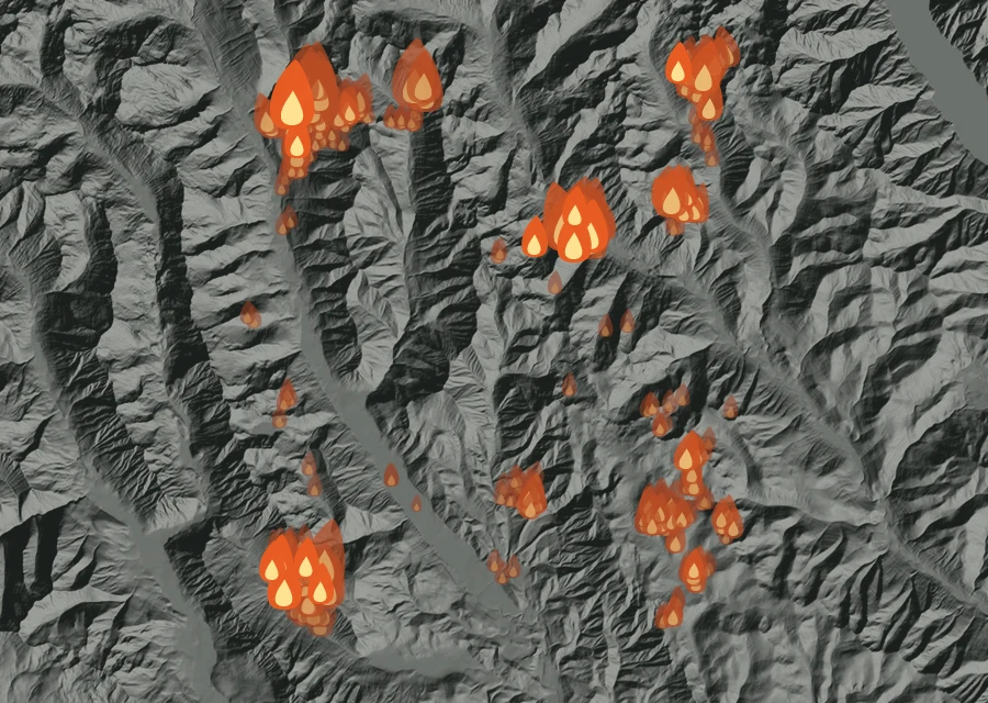 Map for Thu 27 Aug: flames mark every place that gave off heat that day.