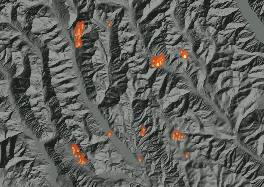 Map for Fri 28 Aug: flames mark every place that gave off heat that day.