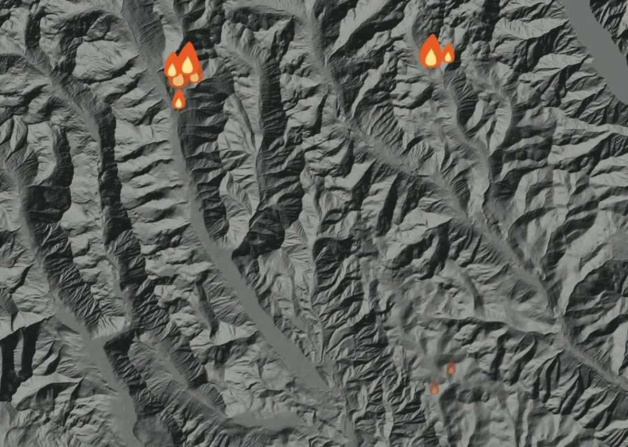 Map for Sat 29 Aug: flames mark every place that gave off heat that day.