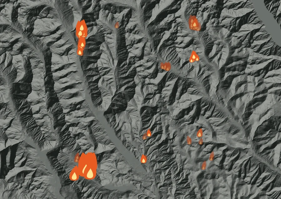 Map for Sun 30 Aug: flames mark every place that gave off heat that day.