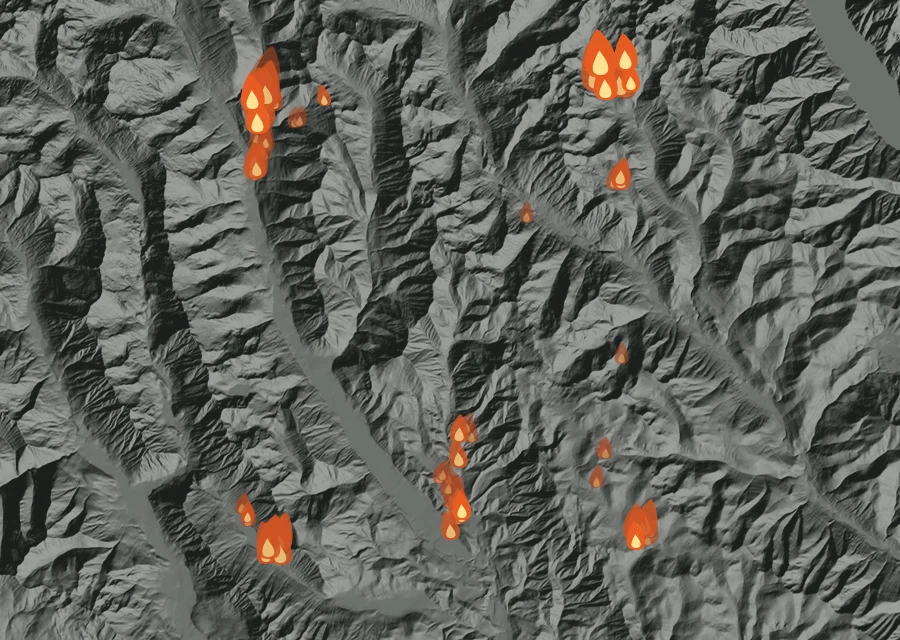 Map for Mon 31 Aug: flames mark every place that gave off heat that day.