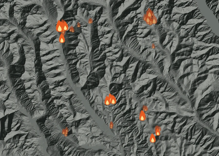 Map for Tue 1 Sep: flames mark every place that gave off heat that day.