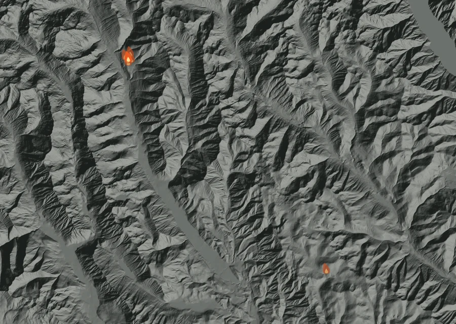 Map for Mon 7 Sep: flames mark every place that gave off heat that day.