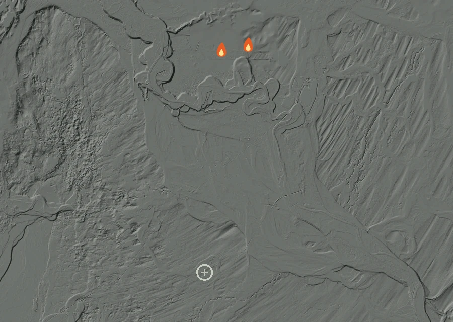 Shaded relief map of the Loc - Inc 87 Fire. Amber flames mark every place that gave off heat in the last day; the shading is the shape of the ground.