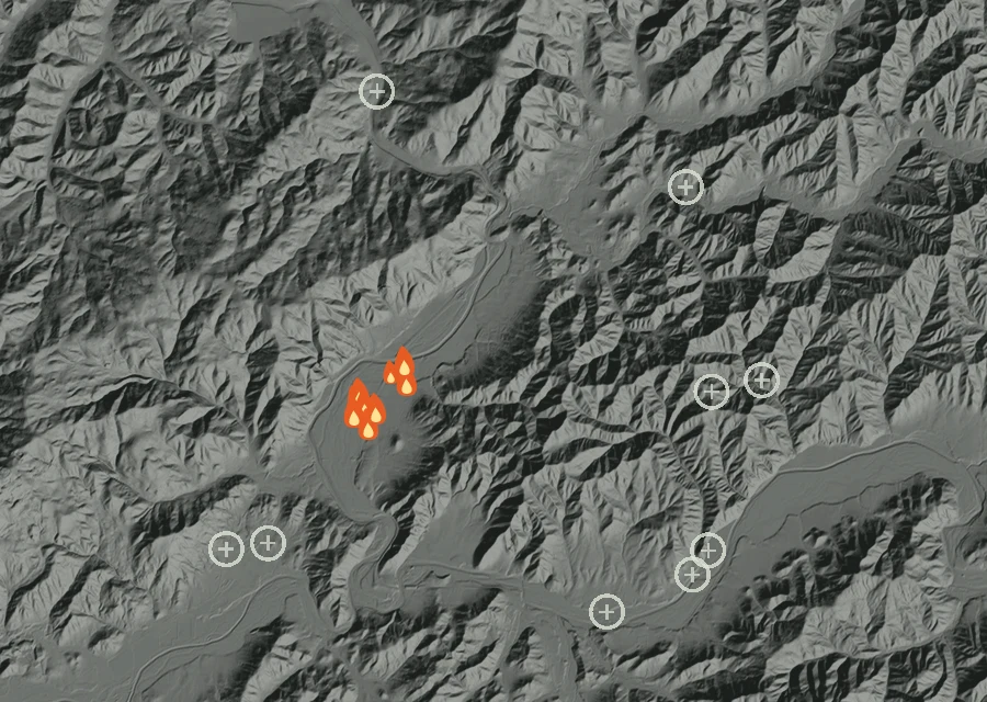 Animated map of the Loop Rd. Fire across the whole record, with a time bar along the bottom showing energy released and the local date.