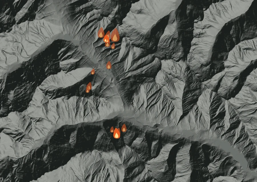 Animated map of the Luna Fire across the whole record, with a time bar along the bottom showing energy released and the local date.