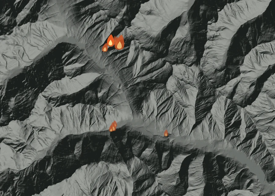 Map for Mon 24 Aug: flames mark every place that gave off heat that day.