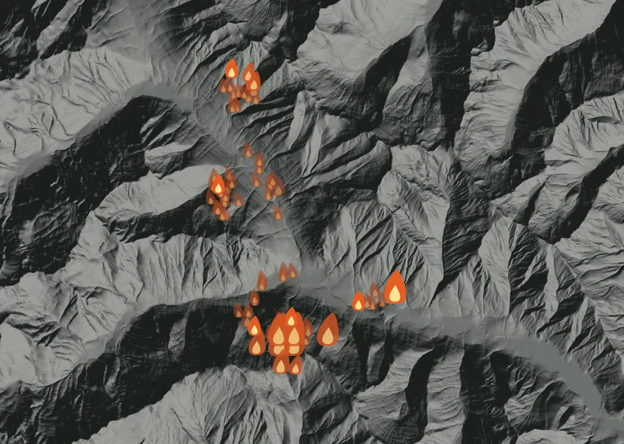Map for Wed 26 Aug: flames mark every place that gave off heat that day.