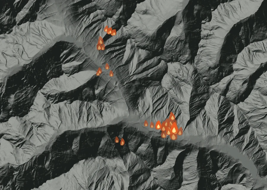 Map for Thu 27 Aug: flames mark every place that gave off heat that day.