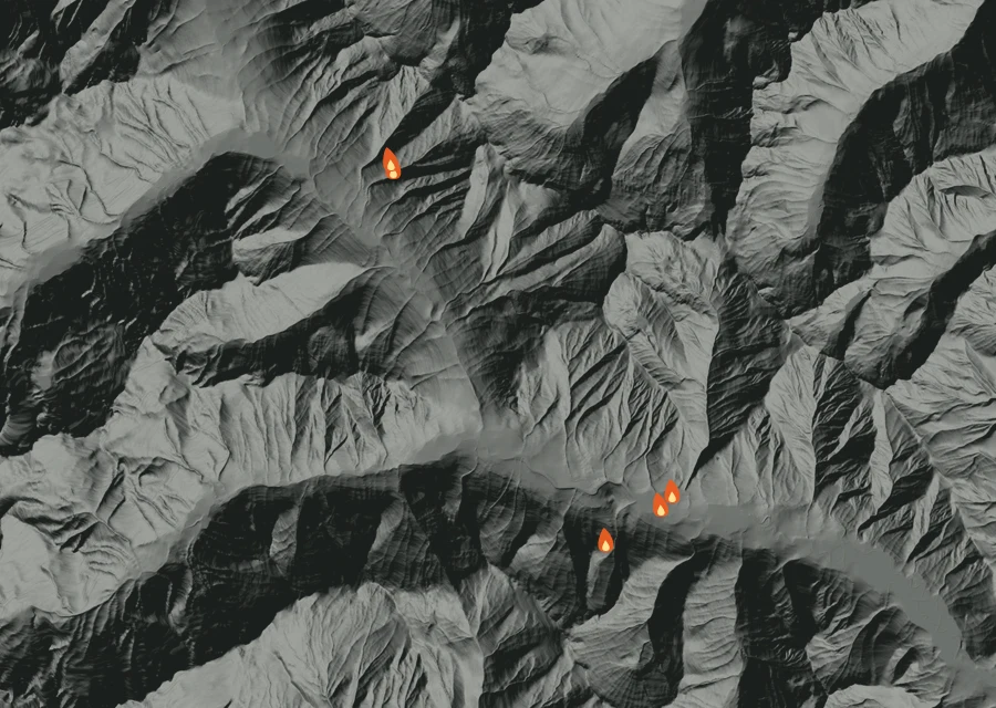 Map for Tue 1 Sep: flames mark every place that gave off heat that day.