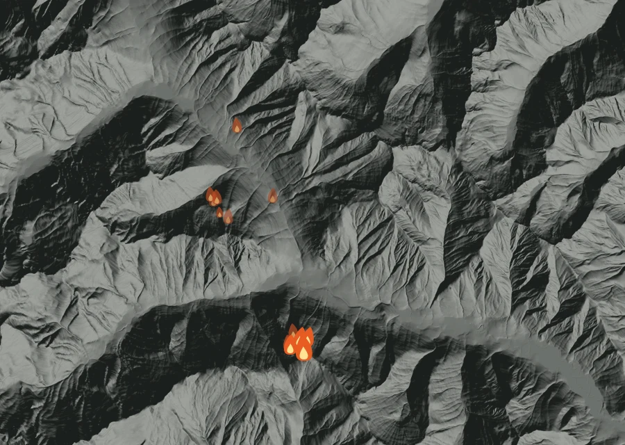 Map for Mon 21 Sep: flames mark every place that gave off heat that day.