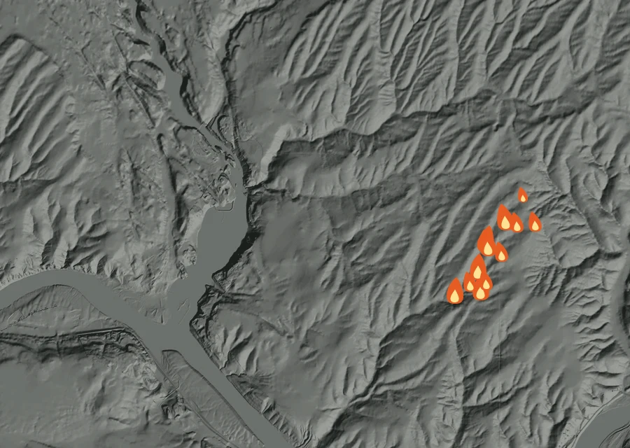 Map for Tue 13 Oct: flames mark every place that gave off heat that day.