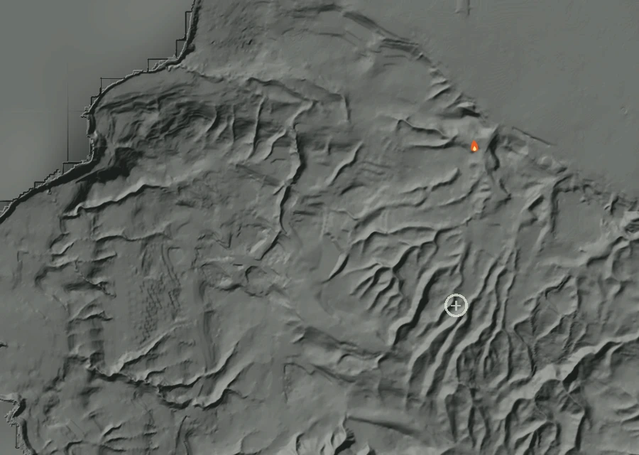 Shaded relief map of the Mason Fire. Amber flames mark every place that gave off heat in the last day; the shading is the shape of the ground.