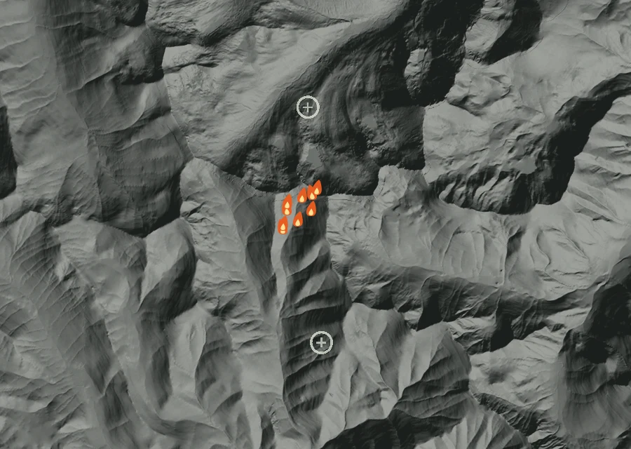 Map for Thu 27 Aug: flames mark every place that gave off heat that day.