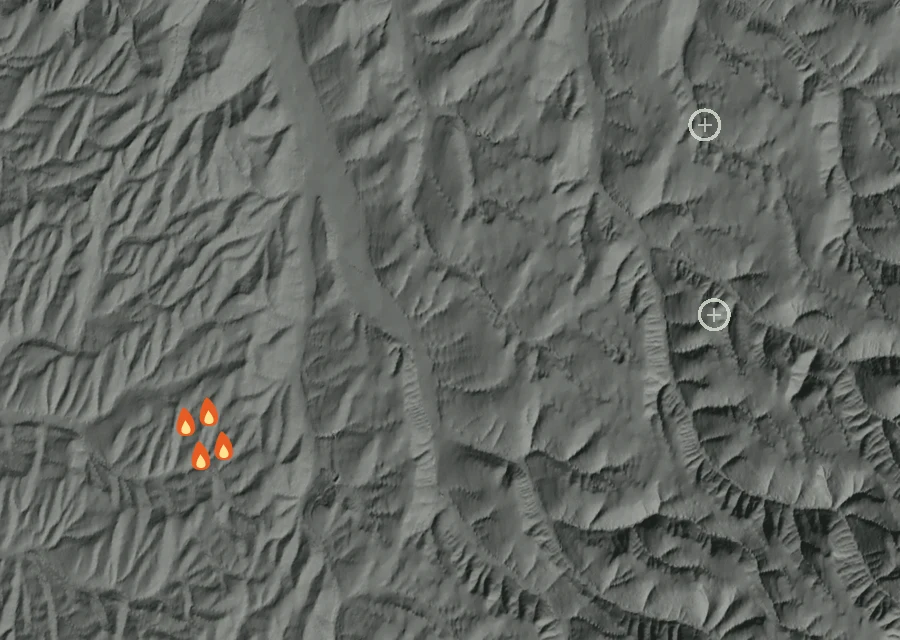 Animated map of the McCowan Road Mutual Aid Fire across the whole record, with a time bar along the bottom showing energy released and the local date.