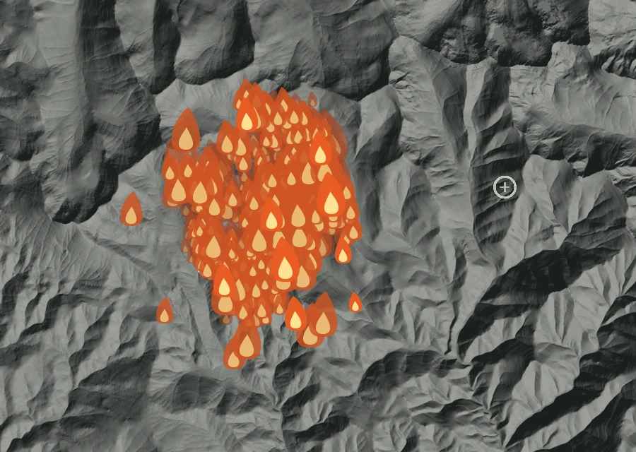 Map for Sun 23 Aug: flames mark every place that gave off heat that day.