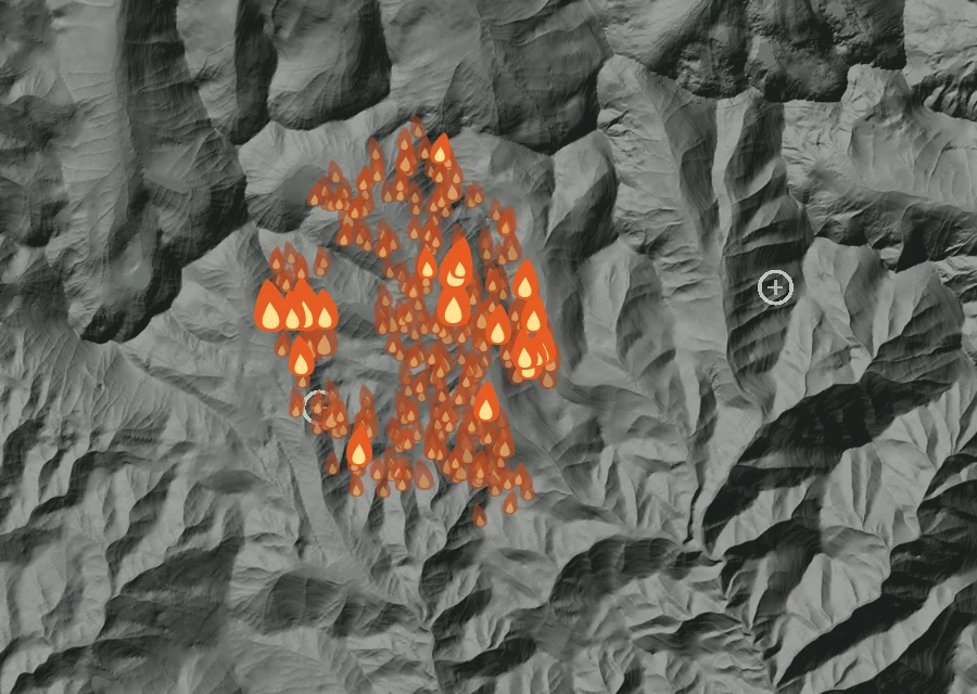 Map for Mon 24 Aug: flames mark every place that gave off heat that day.