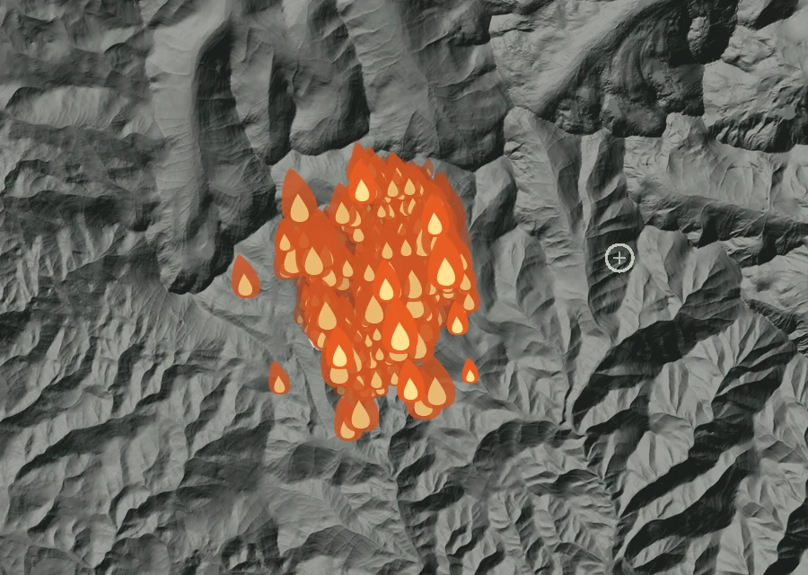 Map for Sun 23 Aug: flames mark every place that gave off heat that day.