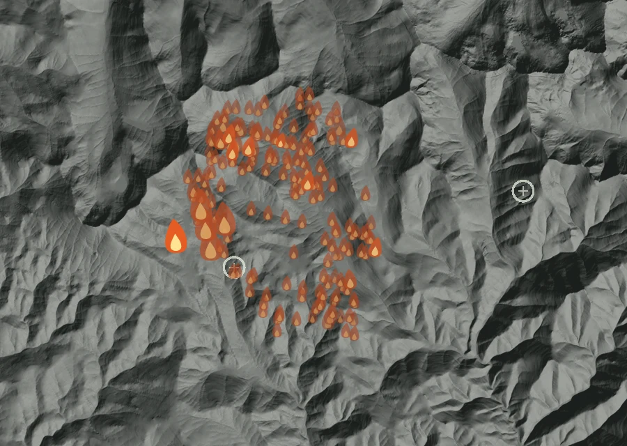 Map for Tue 25 Aug: flames mark every place that gave off heat that day.