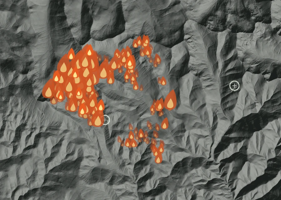 Map for Wed 26 Aug: flames mark every place that gave off heat that day.
