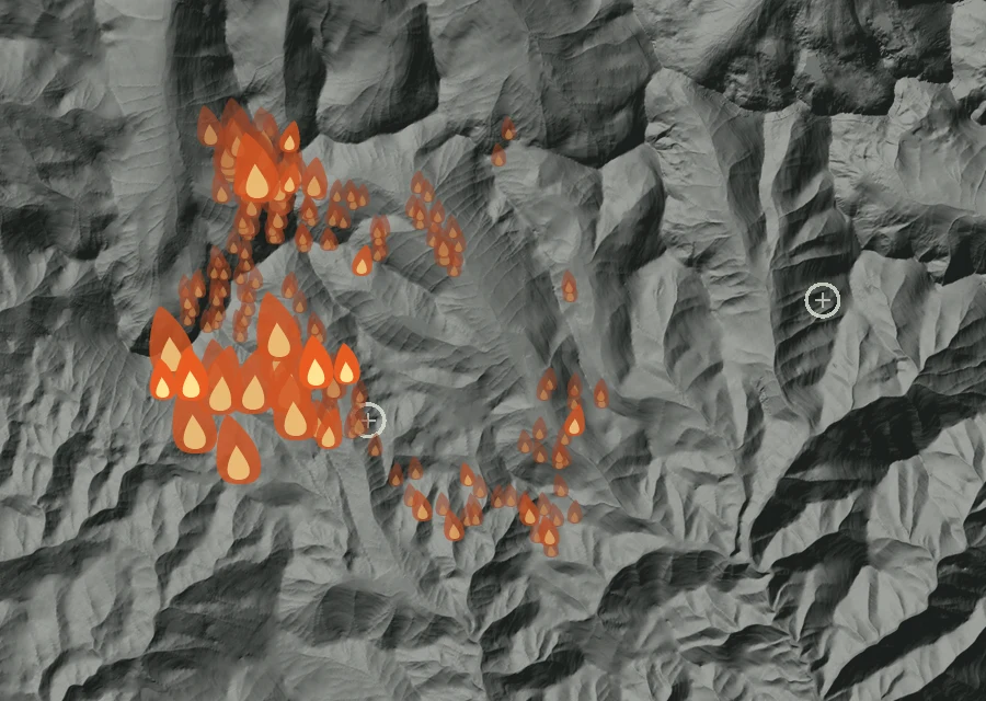 Map for Thu 27 Aug: flames mark every place that gave off heat that day.