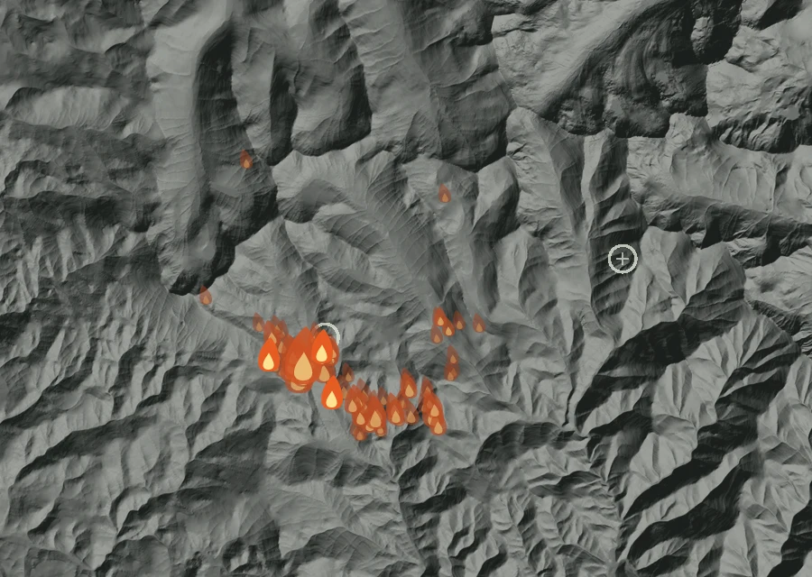 Map for Sat 29 Aug: flames mark every place that gave off heat that day.