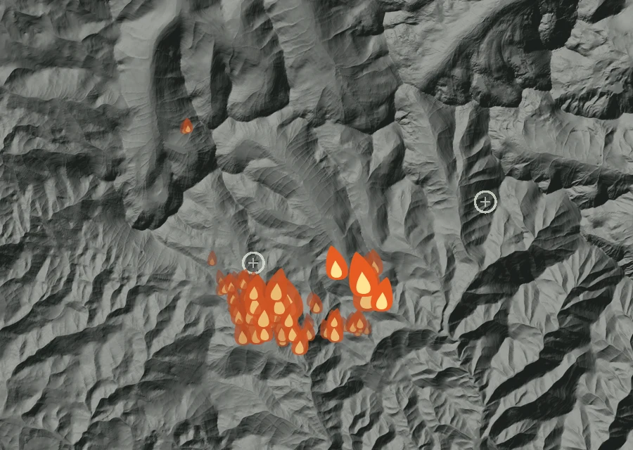 Map for Sun 30 Aug: flames mark every place that gave off heat that day.