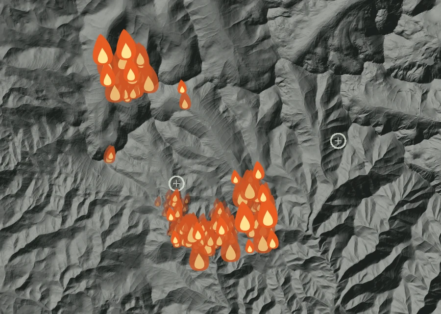 Map for Mon 31 Aug: flames mark every place that gave off heat that day.