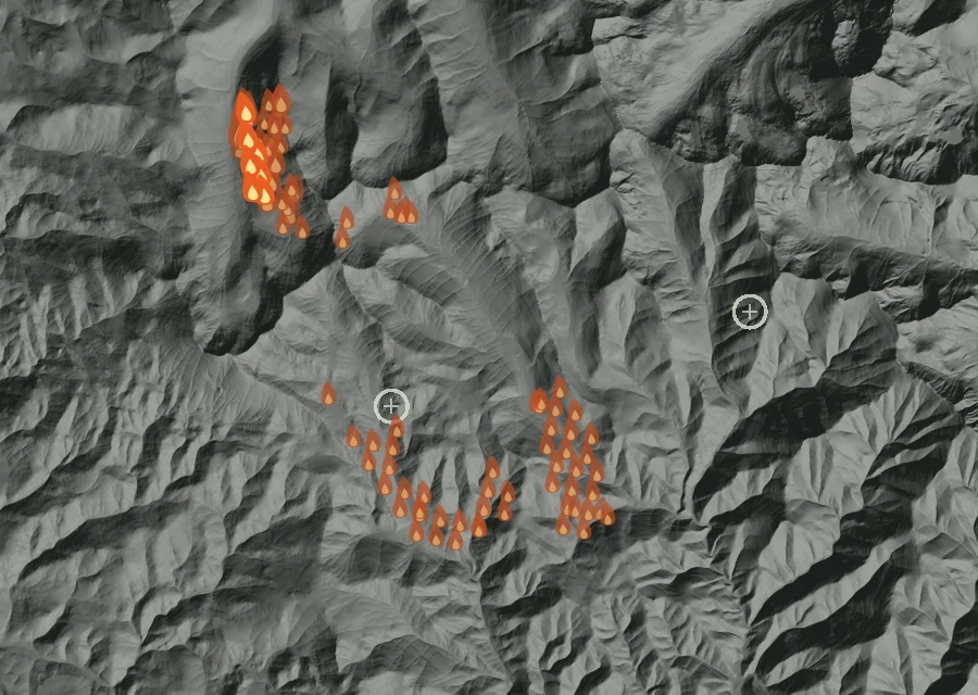 Map for Tue 1 Sep: flames mark every place that gave off heat that day.