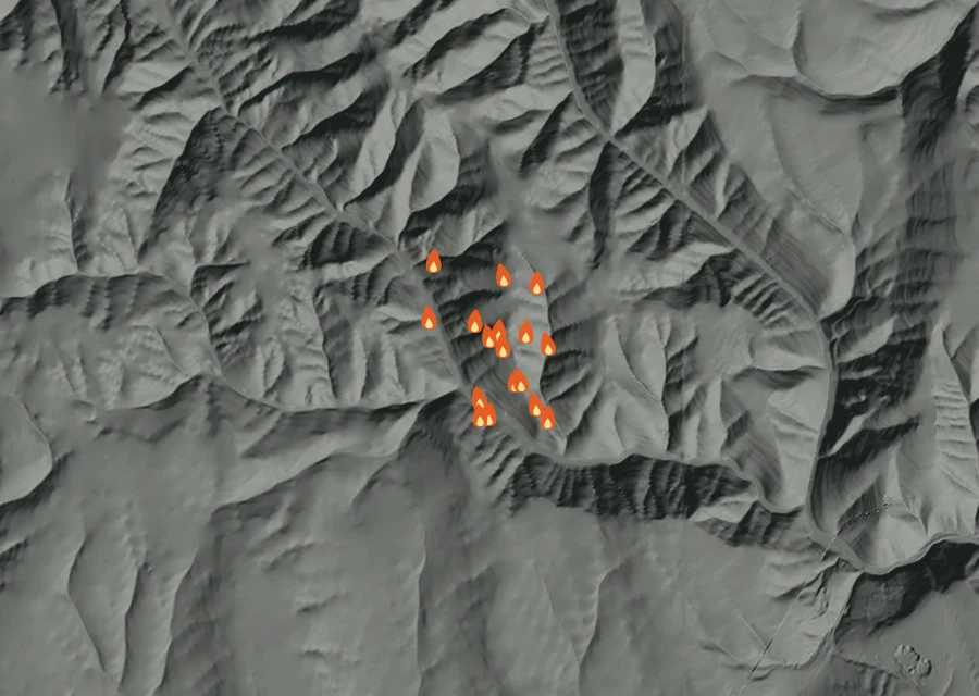 Animated map of the Middle Ridge Fire across the whole record, with a time bar along the bottom showing energy released and the local date.
