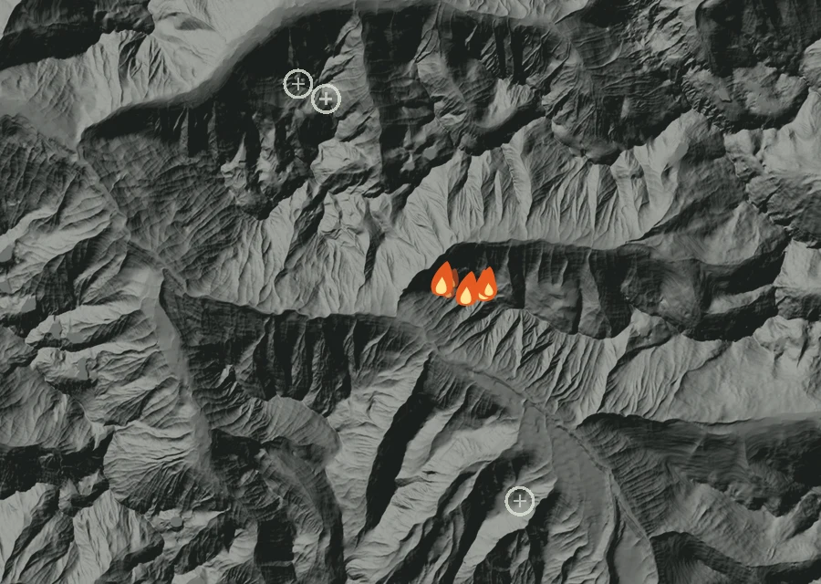 Map for Tue 25 Aug: flames mark every place that gave off heat that day.
